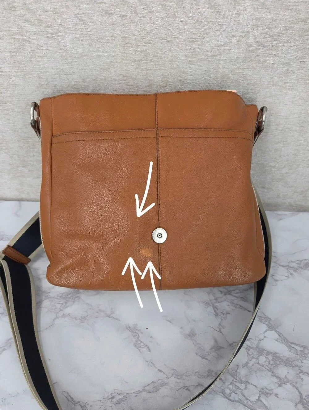 Coach Tan Leather Messenger Bag with Navy Web Strap